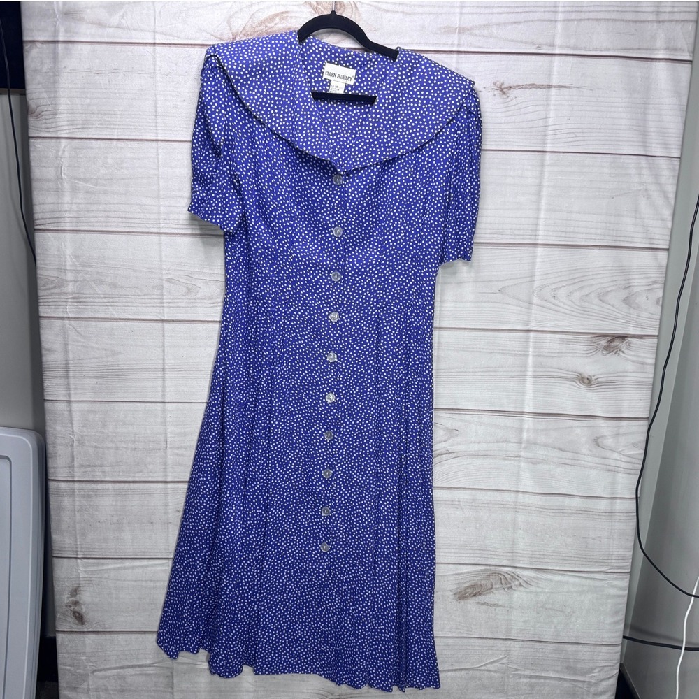 Ellen Ashley Vintage Polka Dot Midi Dress Purple White Sailor Collar Rayon 14